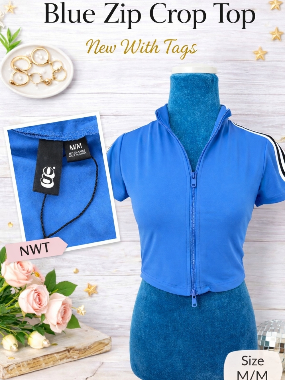 Blue Cropped Zip Up Athletic Top Striped Sleeve Sporty Gym Activewear M